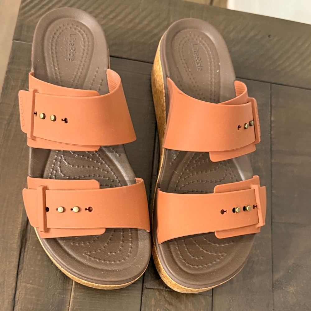 CROCS Terra-Cotta Double-Strap Cork Platform Sandals